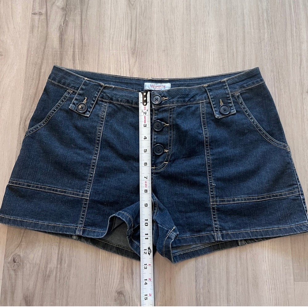 Vintage y2k Xhilaration Stretch Dark Wash Denim Button Fly Shorts Womens 15 - Picture 8 of 14